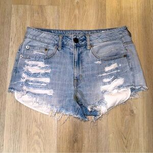 American Eagle Denim Jean shorts with distressing. High rise festival size 4